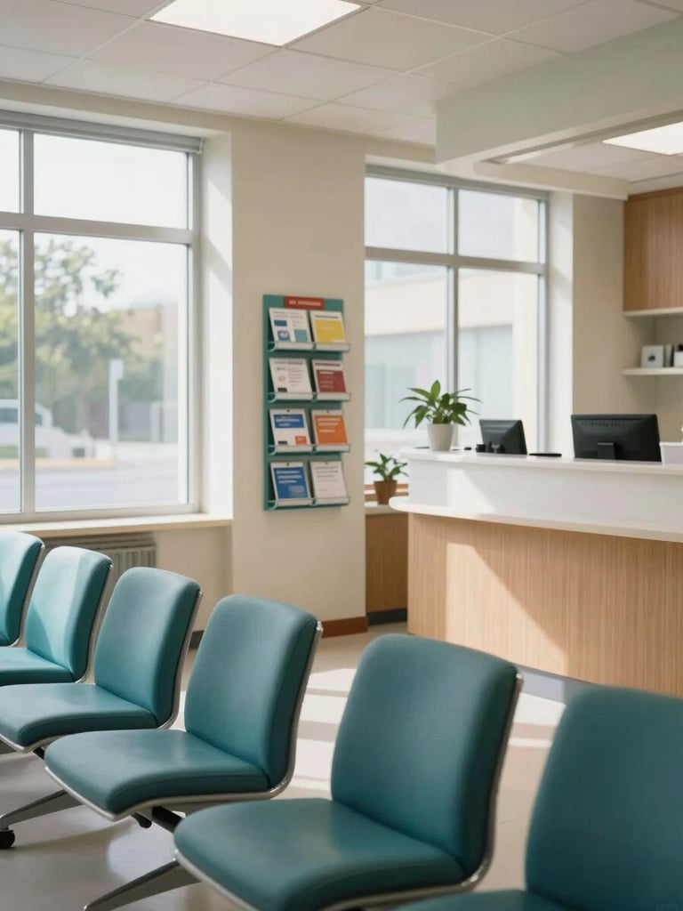 Medium shot of a clean, organized clinic waiting area and reception counter, bright natural light streaming through wide windows, teal accent chairs in neat rows, organized literature rack on the wall, no people visible, calm and orderly atmosphere