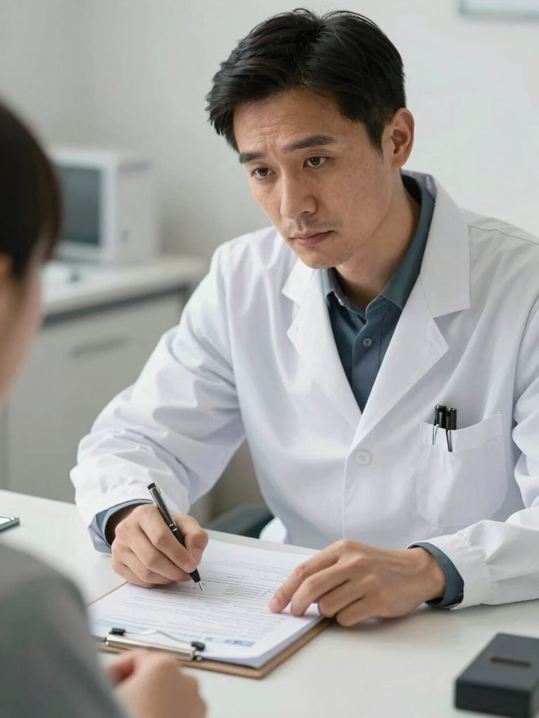 Close-up medium shot of a GP doctor leaning forward attentively across a consultation desk, hands resting on a folder of printed lab results, warm white clinical lighting, patient's hands visible across the desk, focused and unhurried atmosphere