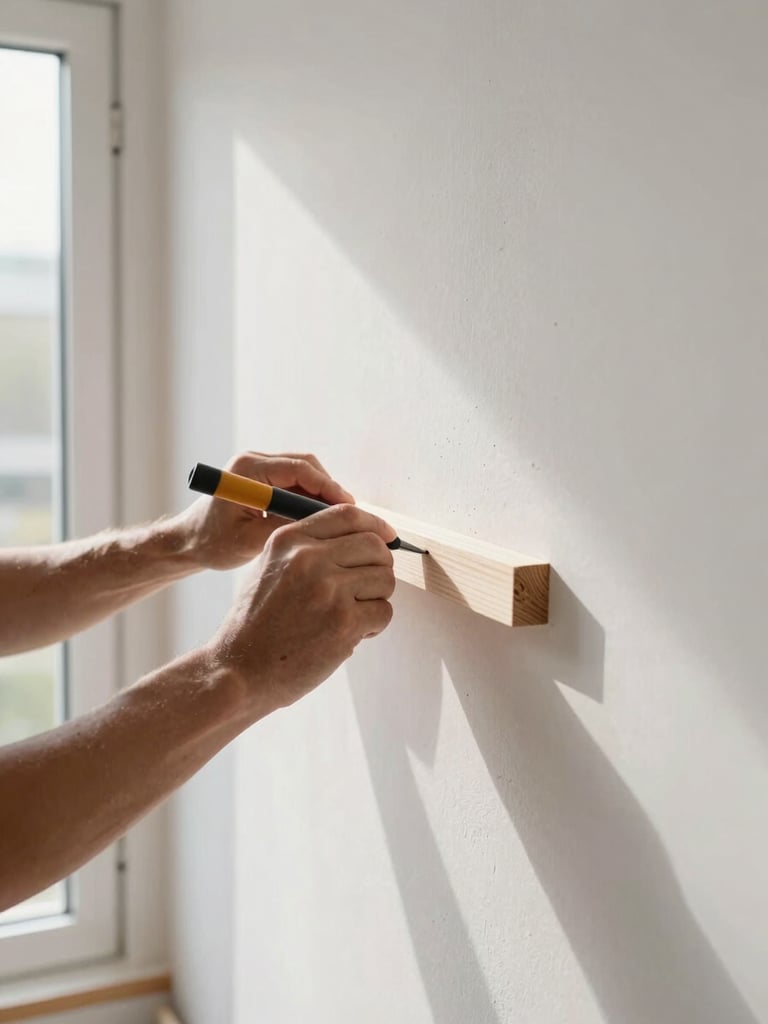A skilled carpenter's hands accurately scribing a piece of wood to an uneven plaster wall, natural daylight streaming through a window, sharp focus, high-end residential interior.