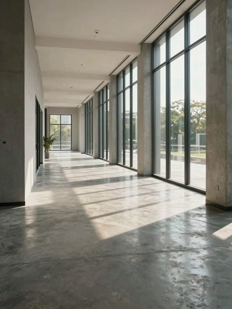 Wide environmental shot of a commercial property interior hallway in natural north-facing daylight — polished concrete floors, floor-to-ceiling windows casting even light, architectural material finishes visible in close detail, no people present, framed from a low wide angle showing the full depth of the corridor