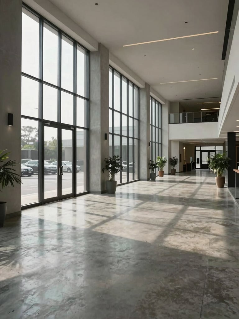 Wide environmental shot from inside a well-maintained commercial property lobby — polished concrete floors, tall windows admitting flat north-facing daylight, a corridor receding into the background, architectural lines sharp and deliberate, no people present