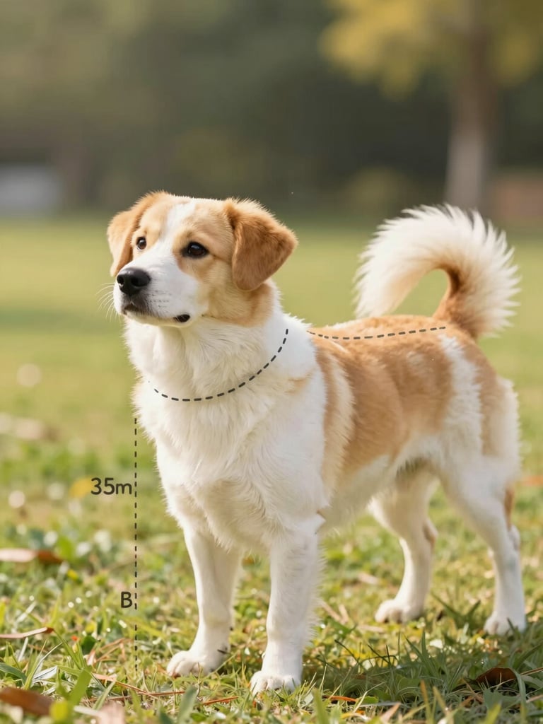 A clear, clean graphic diagram showing how to measure a dog: highlighting neck circumference, chest width, and back length with soft dashed lines, bright cheerful colors matching the brand, friendly illustration style