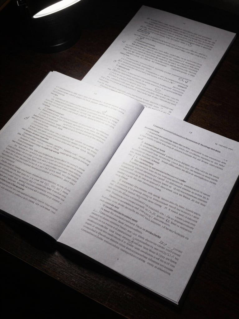 Close overhead shot of script pages spread on a dark studio desk under a precise cool strobe light, text columns visible with pencil annotations, one page turned at the corner, deep shadows framing the edges