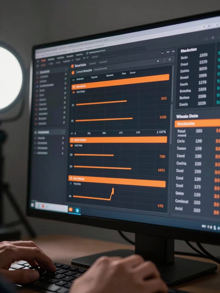 Close-up of a dark analytics interface screen showing project evaluation data, orange accent highlights on key metrics, hands just visible at the bottom edge resting on a keyboard, cool studio strobe lighting from the left