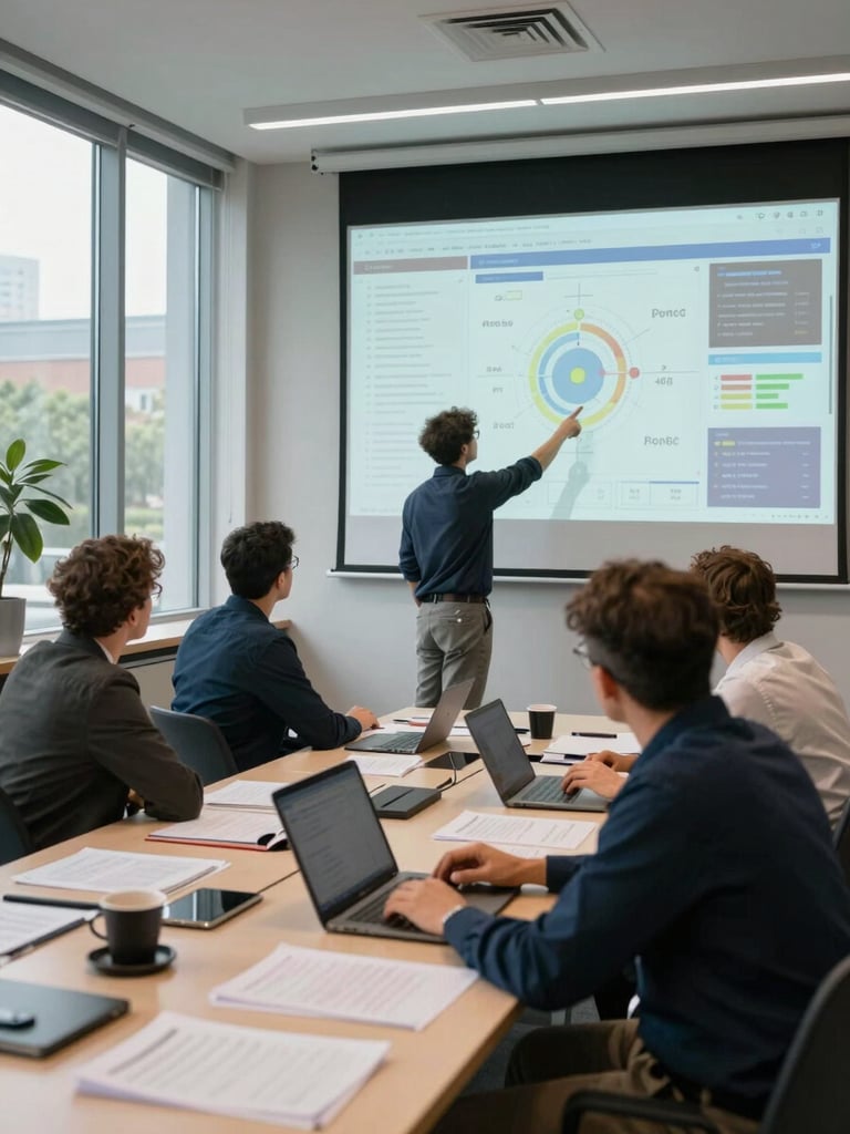 Wide environmental shot from behind a team of three people working at a large conference table, screens open mid-analysis, one person pointing at a dashboard projection on the wall, natural daylight from tall windows to the left, papers and open laptops visible on the table surface