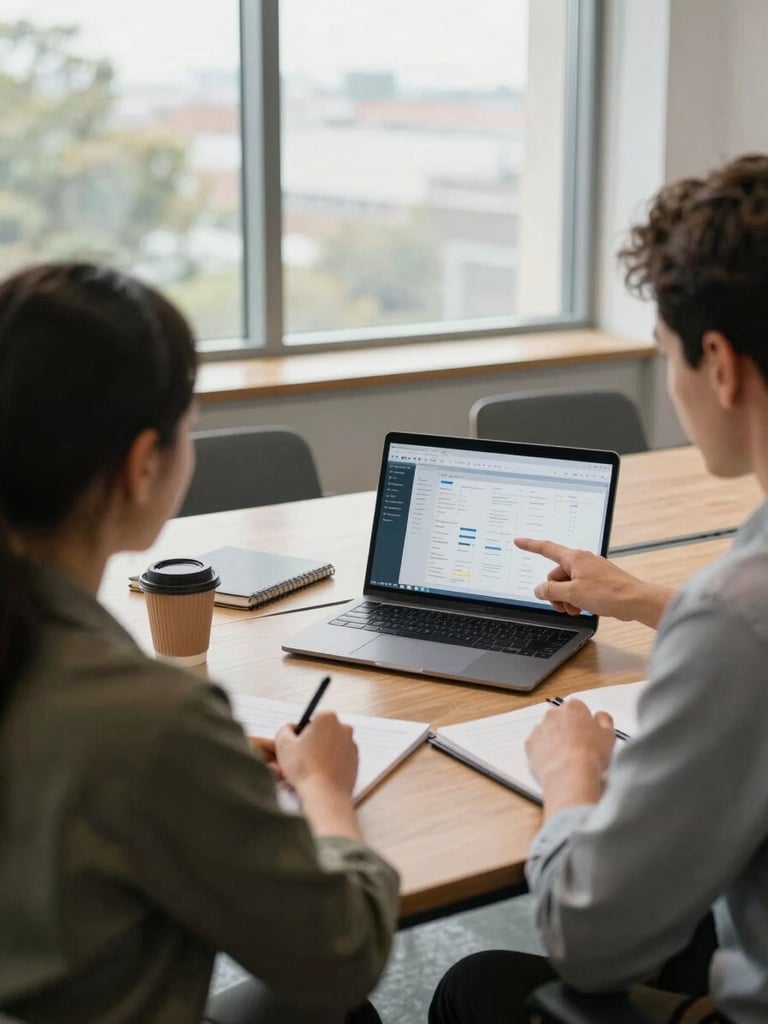 Over-the-shoulder wide shot of two colleagues in a conference room, one pointing at a laptop screen showing a project dashboard mid-analysis, natural daylight from large windows, notebooks and coffee cups on the table, warm but not staged