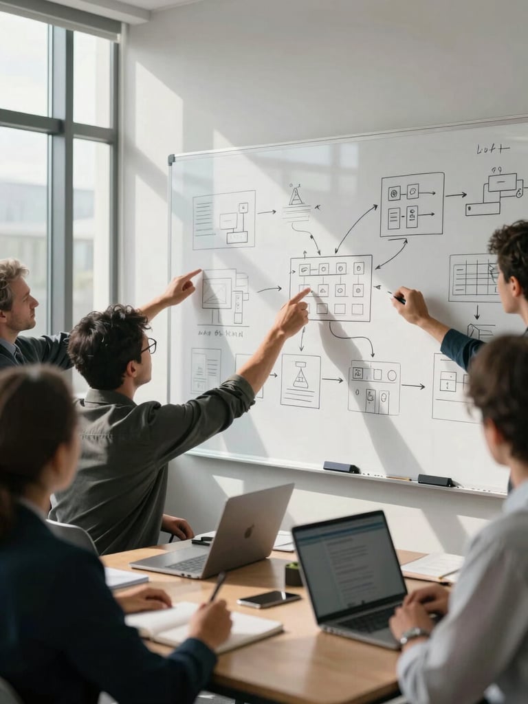Wide environmental shot from behind a team gathered around a large whiteboard covered in sketched workflow diagrams, natural daylight streaming from tall office windows on the left, hands reaching to point at sections of the diagram, notebooks and laptops open on the table in the foreground