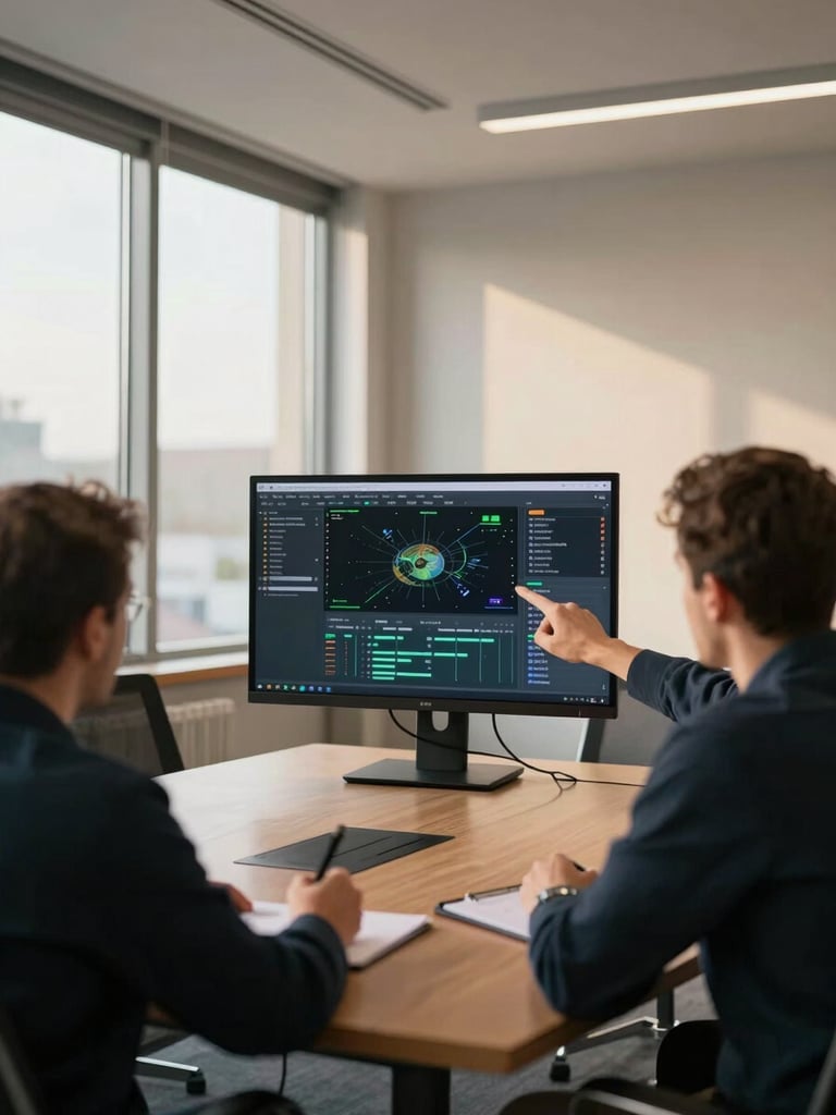 Wide environmental shot over the shoulder of two operations leads at a conference table, one pointing at a large monitor displaying a live dashboard mid-analysis, the other taking notes on paper, natural daylight from tall windows on the left, warm but unfiltered office light