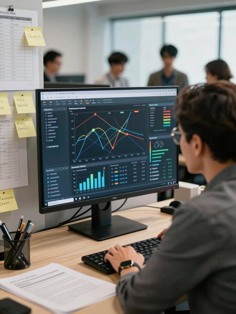 Over-the-shoulder wide shot of a project manager reviewing a live dashboard on a large monitor, sticky notes and a printed checklist pinned to the wall beside the screen, teammates visible in soft focus in the background, cool natural office light