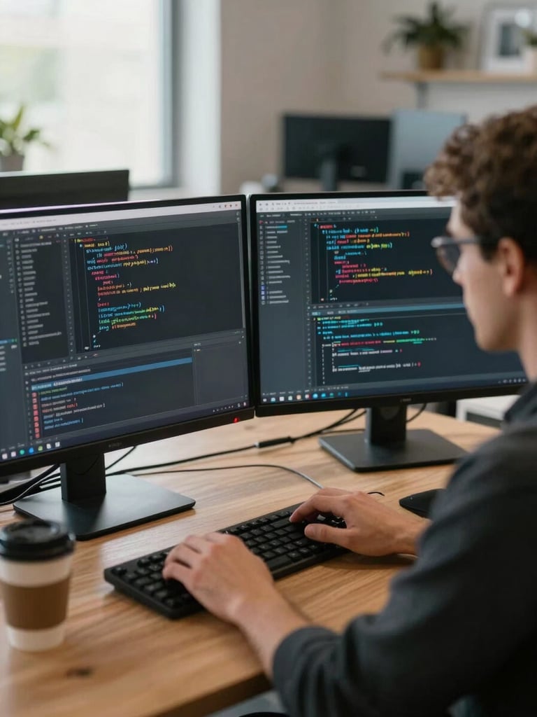 Over-the-shoulder wide shot of a developer's dual-monitor setup mid-analysis, code and dashboard data visible on screens, natural window light from the left, hands resting on keyboard, coffee cup at the edge of the desk, open-plan office background softly out of focus