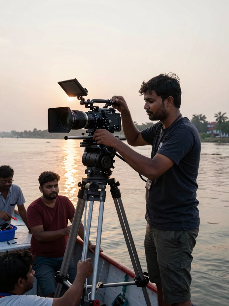 Medium shot of a director of photography adjusting a camera mounted on a boat on the Hooghly River, crew members steadying the vessel, golden late-afternoon light reflecting off the water surface, West Bengal riverbank architecture visible in the background, documentary framing