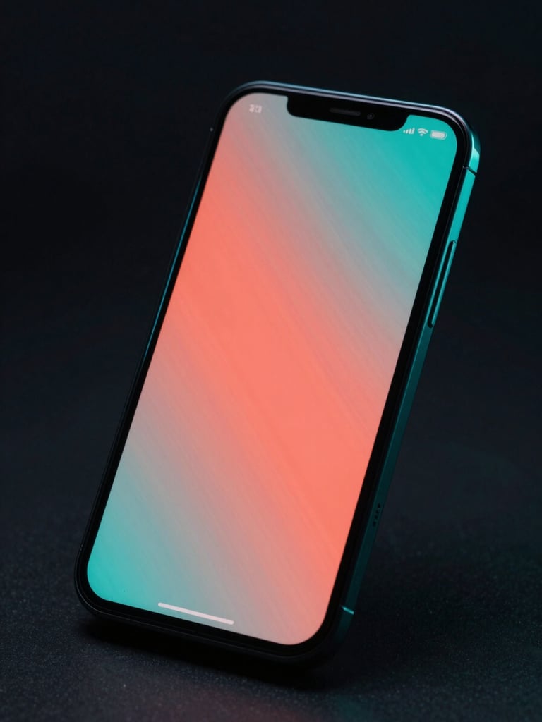 A sleek high-fidelity Android phone mockup glowing in neon coral and deep teal ambient light, angled perspective, dark moody studio background, macro depth of field.