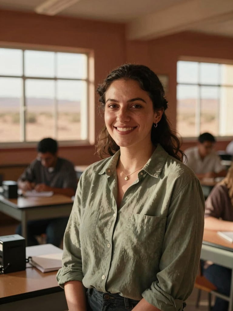 An environmental portrait of a local female science teacher in her classroom, smiling warmly, soft natural desert sunlight filtering through windows, sage and terracotta tones.