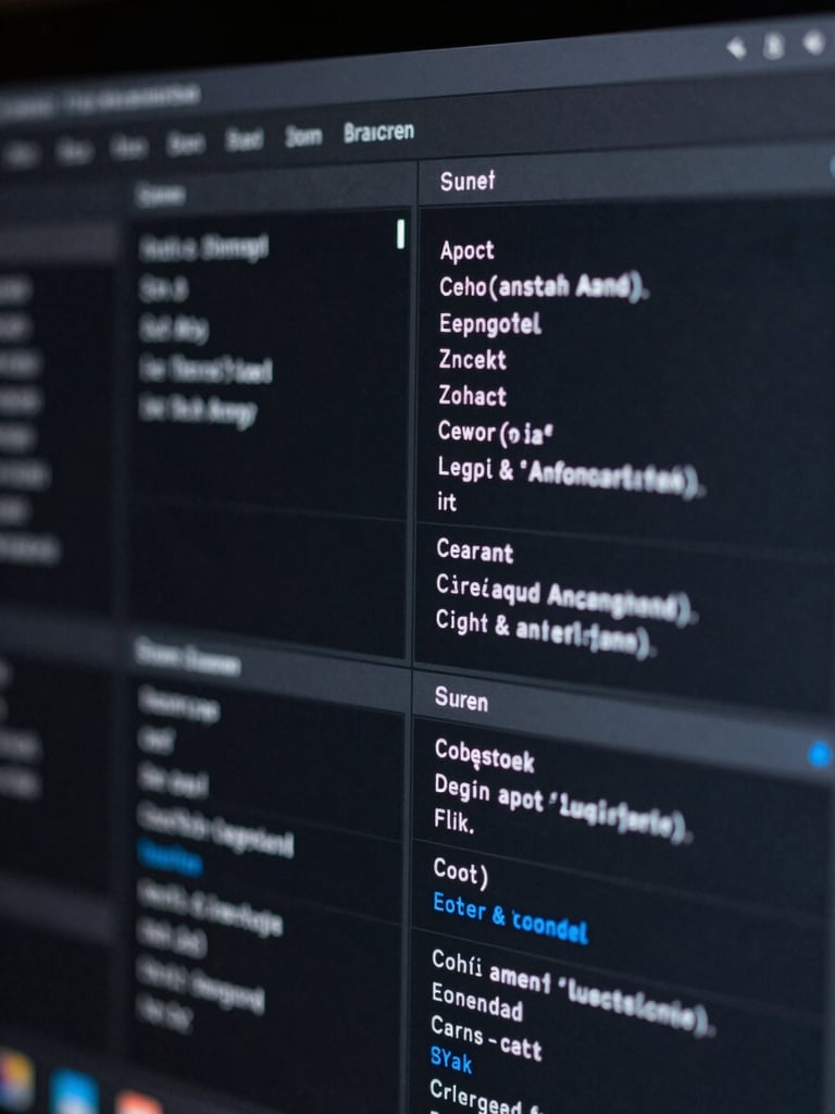 Macro close-up of a dark-mode software interface showing complex data visualization, sharp blue highlights, clean monospace typography, dramatic low-key studio lighting