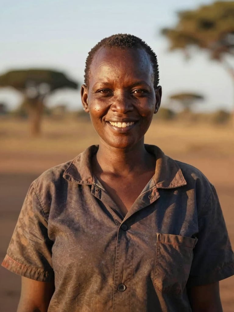 Dignified portrait of a Lesotho community health worker smiling warmly, natural golden-hour daylight, outdoor setting, 35mm lens.