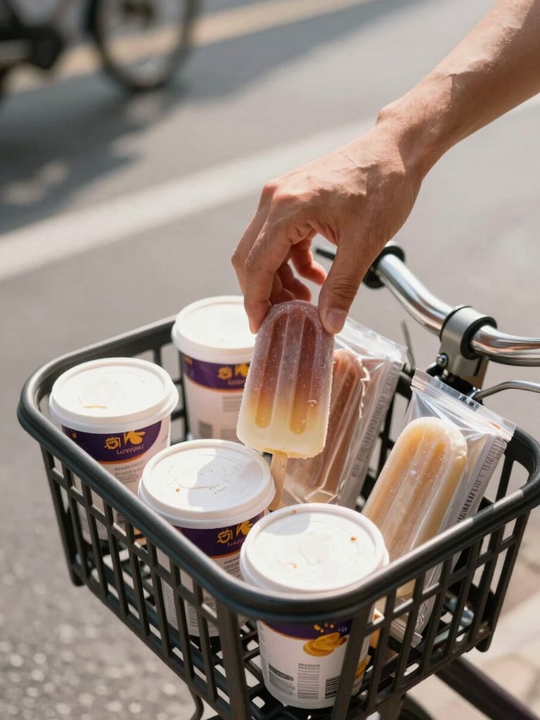 Close-up of a hand reaching into an ice cream bike basket selecting a popsicle in its original packaging, bright daylight, street pavement visible in the background, natural warm shadows