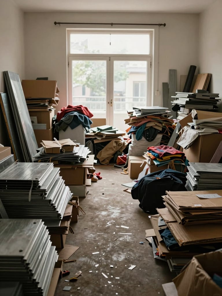 Wide environmental shot inside a cluttered room mid-clearance, sorted piles of metals, textiles and cardboard on the floor clearly separated, natural daylight pouring through an open window, straight-on framing, no people posing
