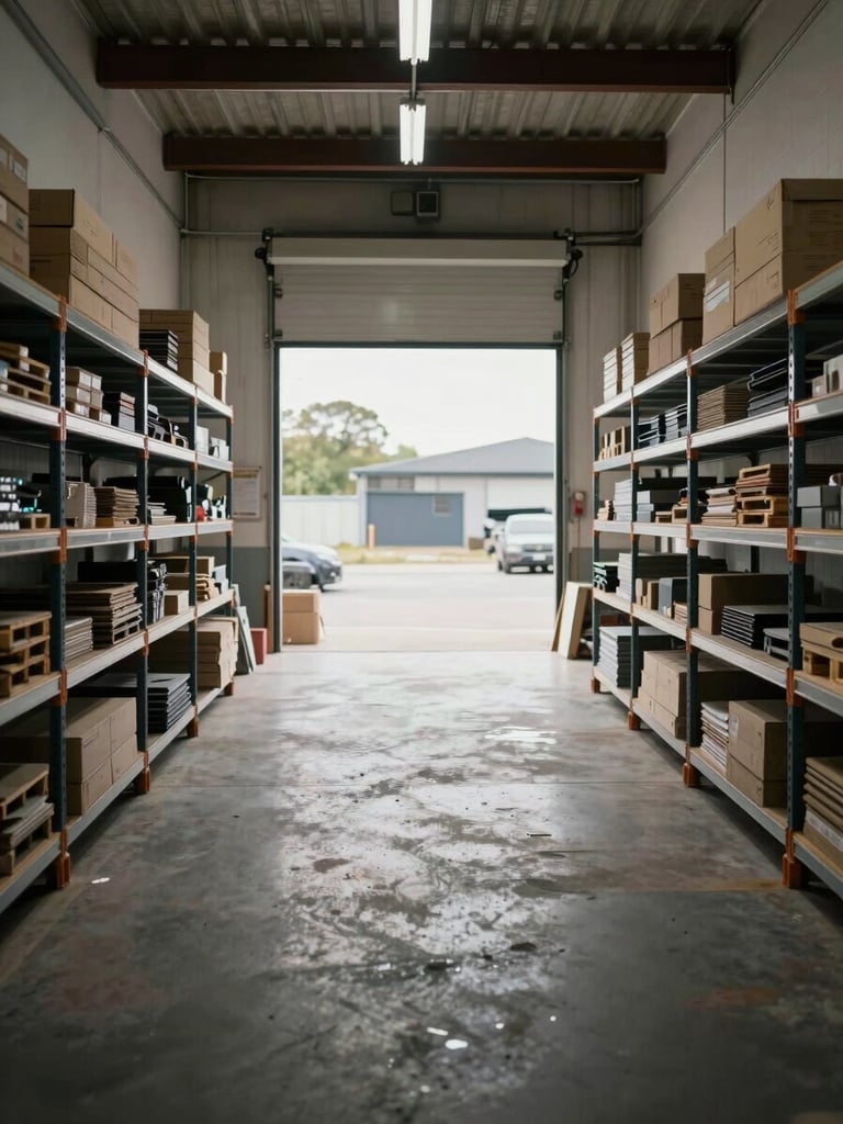 Wide environmental shot of an empty commercial space mid-clearance — shelving units pulled away from walls, stacked palettes of goods being sorted, open loading bay door letting in overcast daylight, straight-on documentary framing, no posed figures