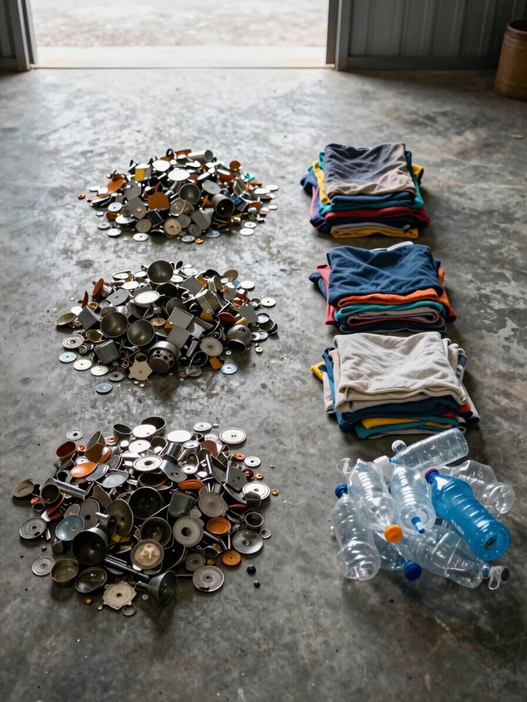 Close overhead shot of sorted waste categories laid out on concrete floor — metals in one pile, textiles folded to the side, recyclable plastics grouped separately, natural overcast daylight from a warehouse opening, no people, forensic documentary framing