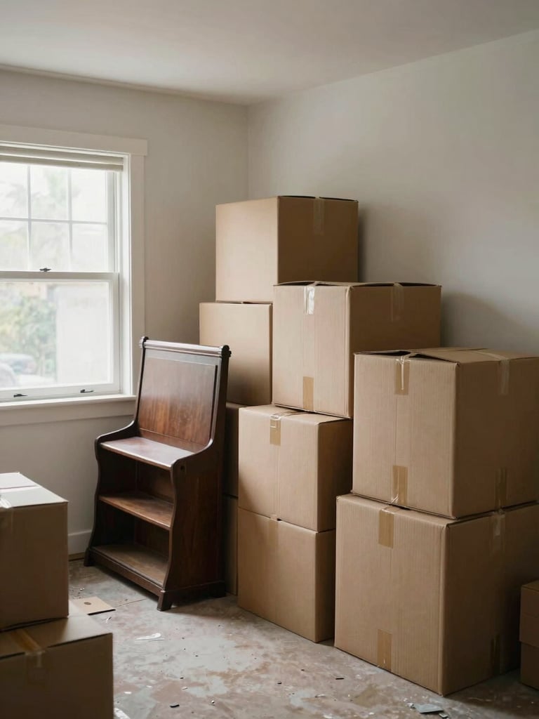 Wide shot of a lived-in house interior being cleared — bedroom with stacked cardboard boxes, old furniture pushed to one side, natural window light from the left, overcast daylight, documentary straight-on framing, no people posing