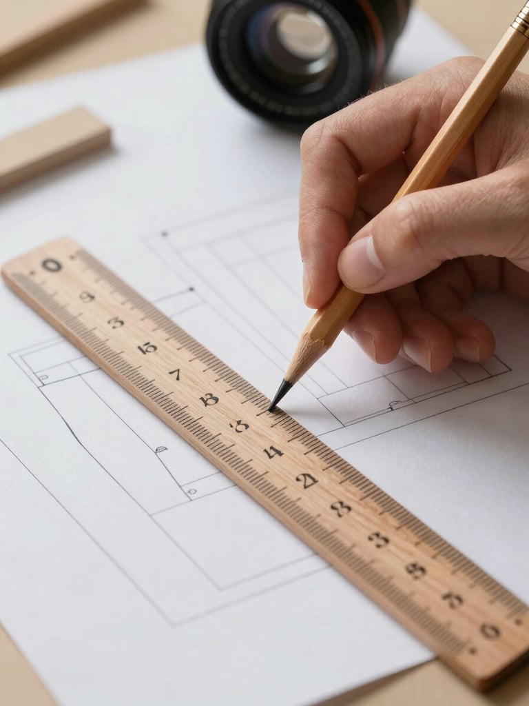 Macro shot of a designer using a wooden ruler and pencil to draft a pattern on heavy craft paper, soft side light