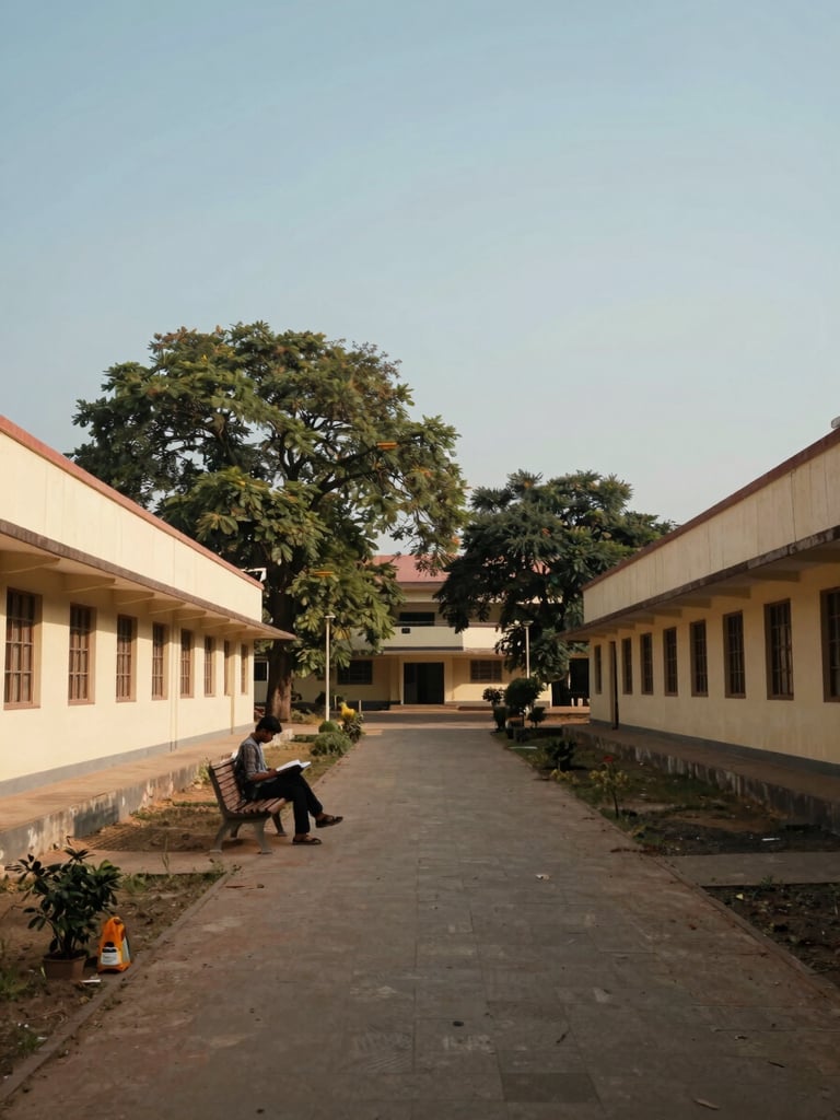 Wide environmental shot of a quiet college campus pathway in Central India, low single-storey academic buildings flanking a tree-lined walkway, warm afternoon light casting soft shadows, a student seated on a bench reading, documentary framing with generous sky above