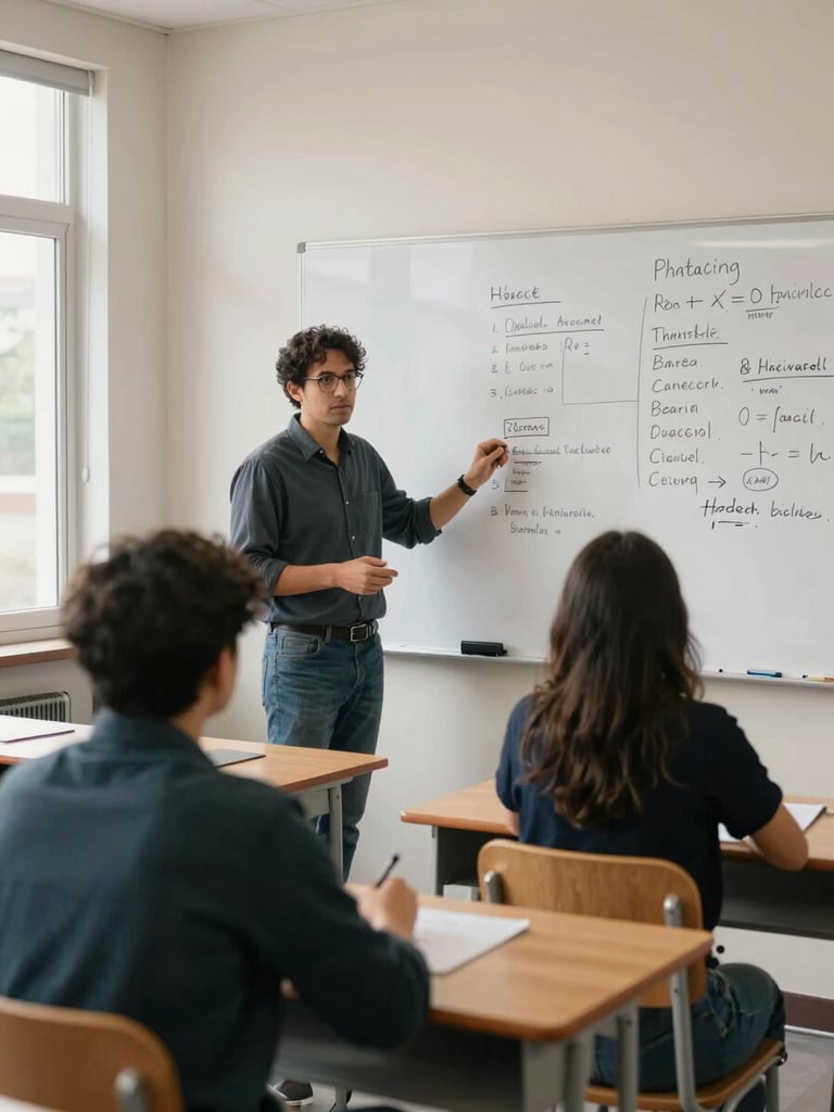 Close environmental shot of a small classroom, a faculty member standing at a whiteboard covered in pharmacy notes, two students in focused discussion at their desks, diffuse natural daylight from side windows, documentary framing, no posed smiling