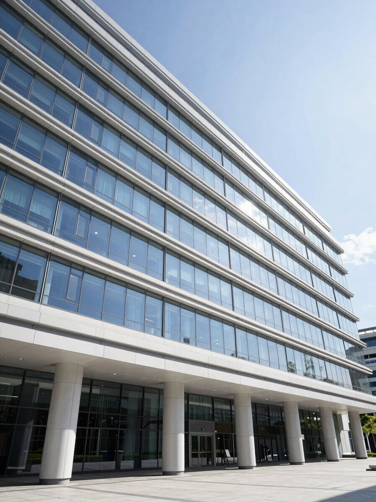Crisp wide-angle architectural photography of a modern glass-and-steel government ministry building, bright daylight, reflections of blue sky, clean lines.