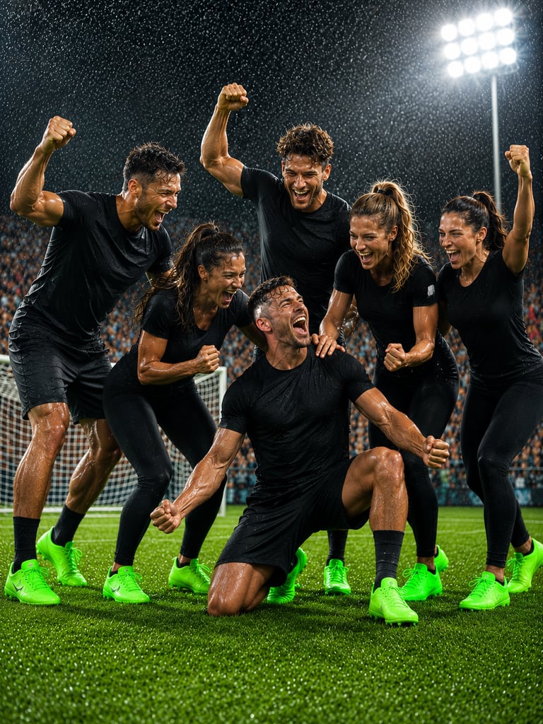Grupo celebrando un logro durante entrenamiento en equipo.