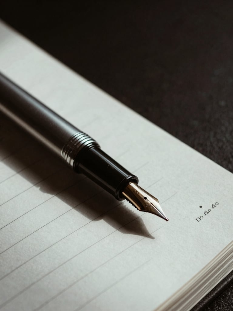 Moody high-contrast close-up of a fountain pen resting on a technical notebook, dramatic side-lighting, deep shadows, 35mm film style