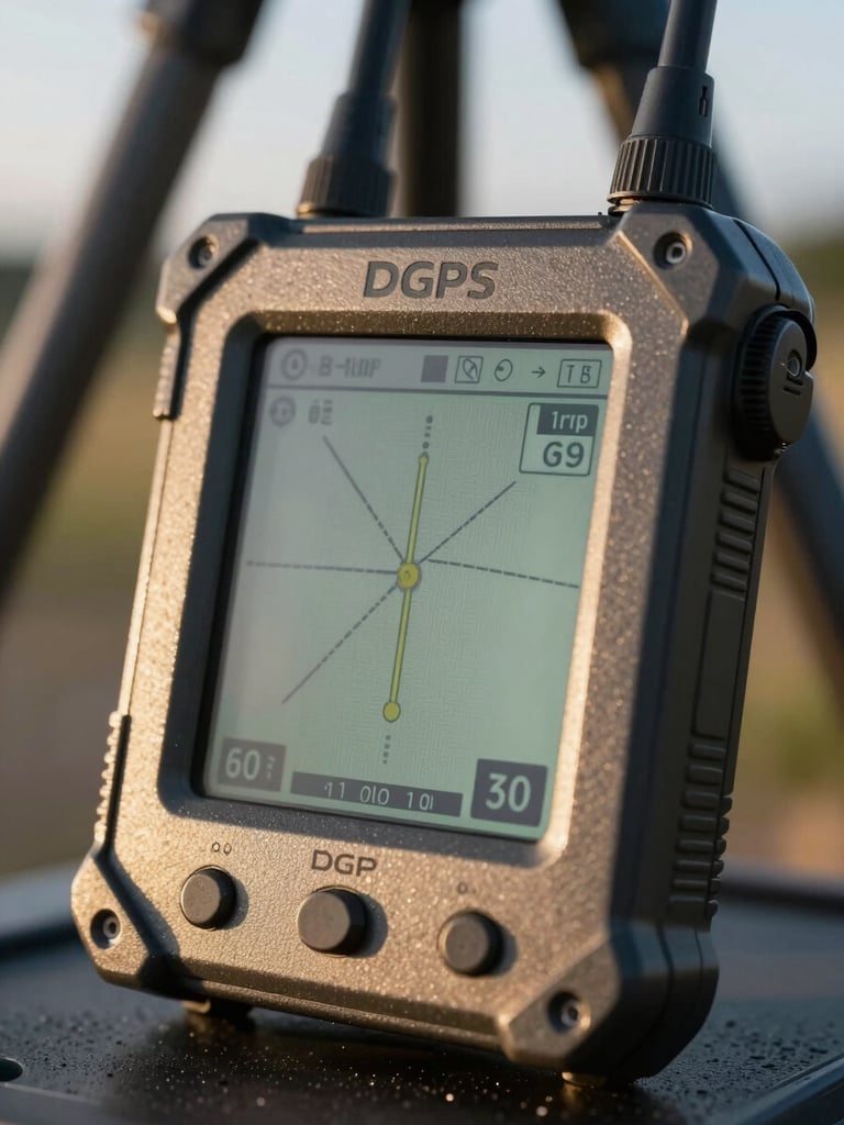 Macro close-up of a rugged DGPS field controller screen displaying GPS coordinate locks, bright morning sun reflecting off the casing, tripod legs visible in soft focus background.