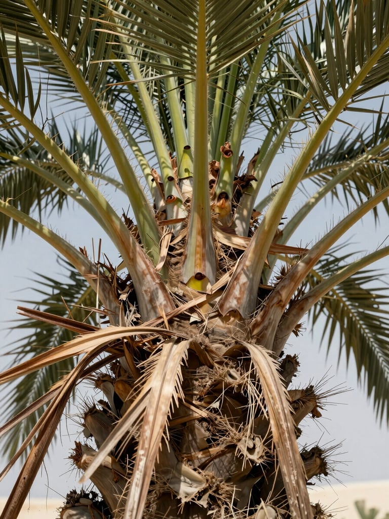 Close-up of a palm crown from below in harsh Dubai midday light, freshly cut frond stubs visible at the collar, diseased brown fronds in the foreground being removed, soil and root zone visible at the base, documentary framing with no color correction