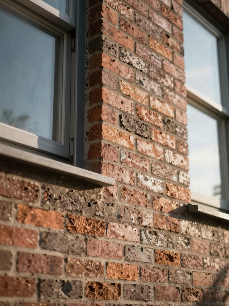 Tight material-detail shot of new brickwork meeting a replaced steel window frame on a finished conversion facade, raking natural sidelight revealing mortar joint precision and surface texture, no people