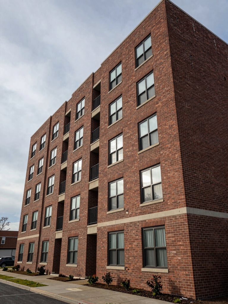 Wide-angle exterior of a completed mid-rise apartment building, six to eight stories, photographed from street level on an overcast morning—natural diffused light reveals brick facade texture and window-frame joins cleanly; building occupies the right two-thirds of the frame, generous sky and sidewalk context on the left