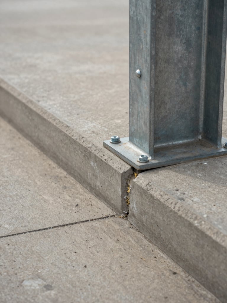 Close-up wide shot of a concrete slab joint meeting a steel column base plate, natural overcast daylight, sharp focus on the bolt pattern and grout line, warm gray tones, no people in frame