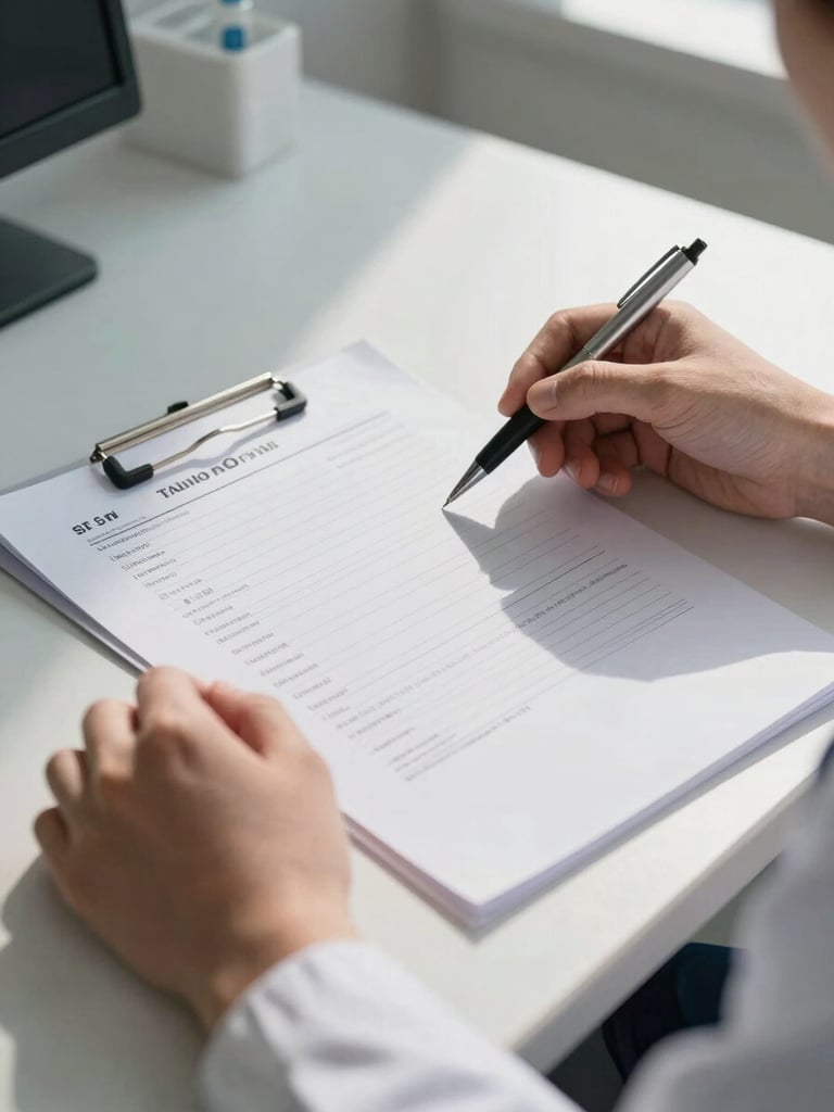 Close-up of a physician's hands holding a printed laboratory report on a consultation desk, a pen resting across the page, natural window light casting soft shadows across the paper surface, clean clinical environment, no faces, tight framing on hands and document detail