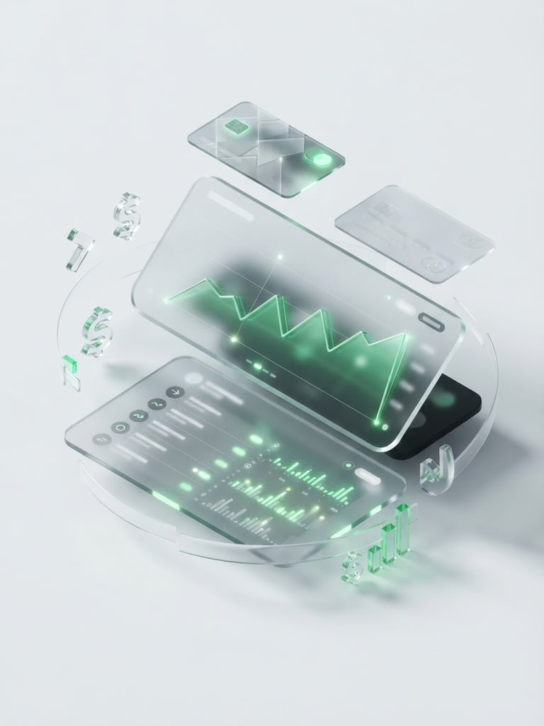 Sleek 3D render of a glassmorphic fintech dashboard mockup, glowing green charts, transaction history, floating payment cards on a clean white backdrop, isometric, crisp studio light