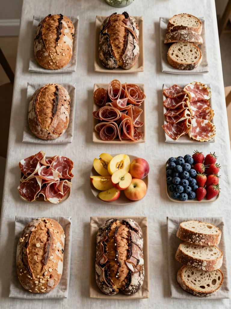 Overhead flatlay of a fully composed corporate coffee-break table — small linen-lined trays of artisanal breads, charcuterie, and seasonal fruits arranged with precise negative space on a warm off-white linen surface, soft north-facing daylight, no people, no clutter