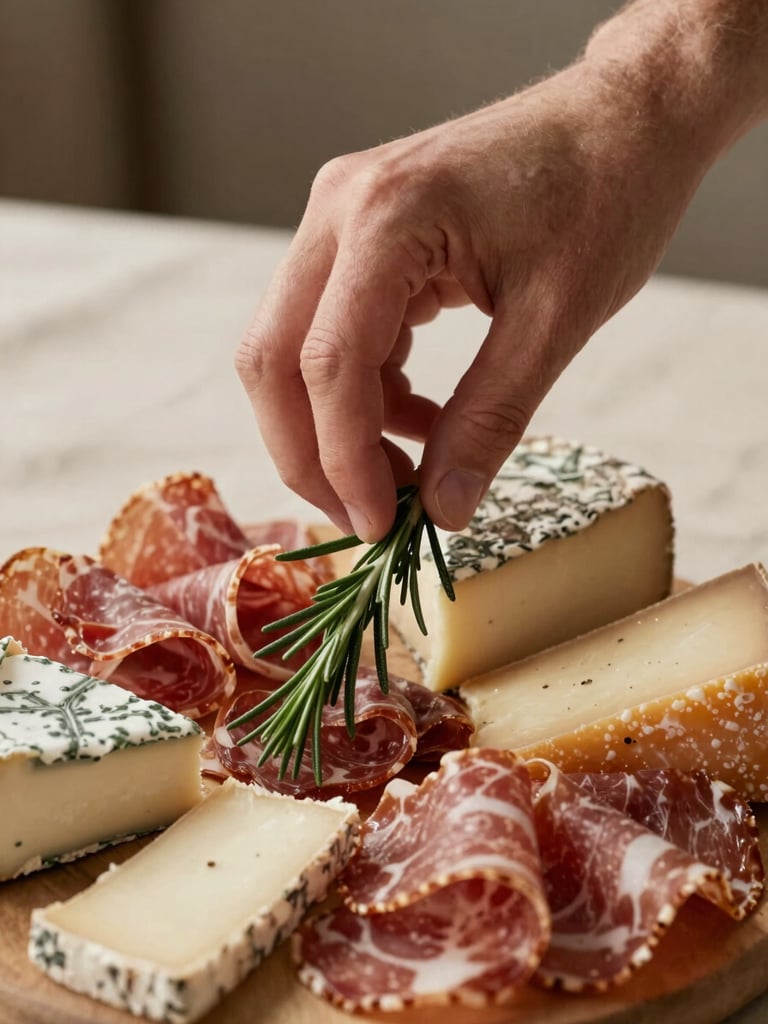 Close-up portrait of a hand placing a sprig of fresh rosemary onto a composed charcuterie board — artisanal cheeses and sliced meats visible below, soft north-facing daylight, shallow depth of field, warm beige linen underneath