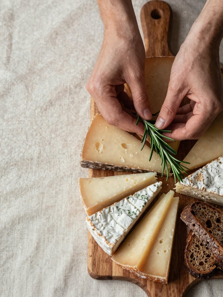 Overhead close-up flatlay of hands gently placing a sprig of fresh rosemary onto a composed artisanal charcuterie board, soft north-facing daylight, warm off-white linen beneath, textures of aged cheese and dark bread visible at the edges, generous negative space to the left