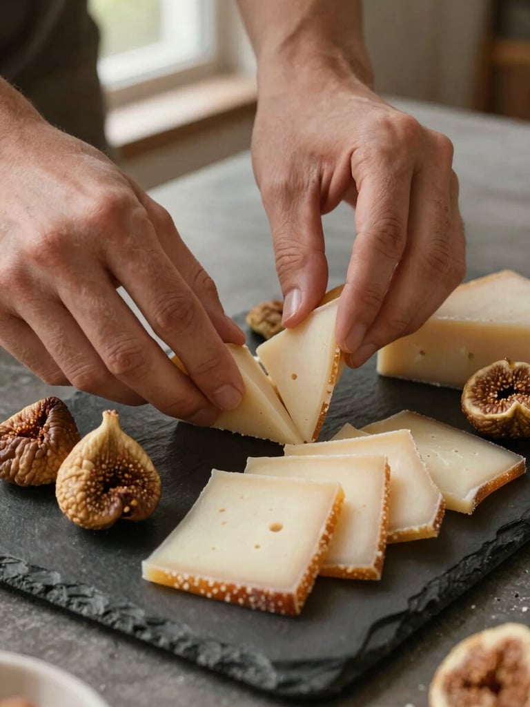 Close-up portrait of hands arranging sliced cheeses and dried figs on a dark slate board, soft north-facing window light casting gentle shadows, fine texture of the slate visible, warm earthy tones, no human faces, no branding