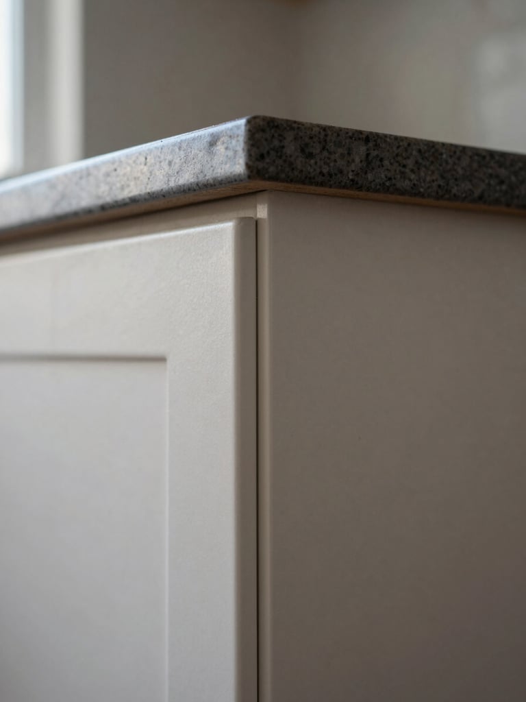 Close-up of a cabinet corner joint and painted wall edge in a renovated kitchen, sharp detail of flush tile alignment and smooth finish under soft north-facing window light