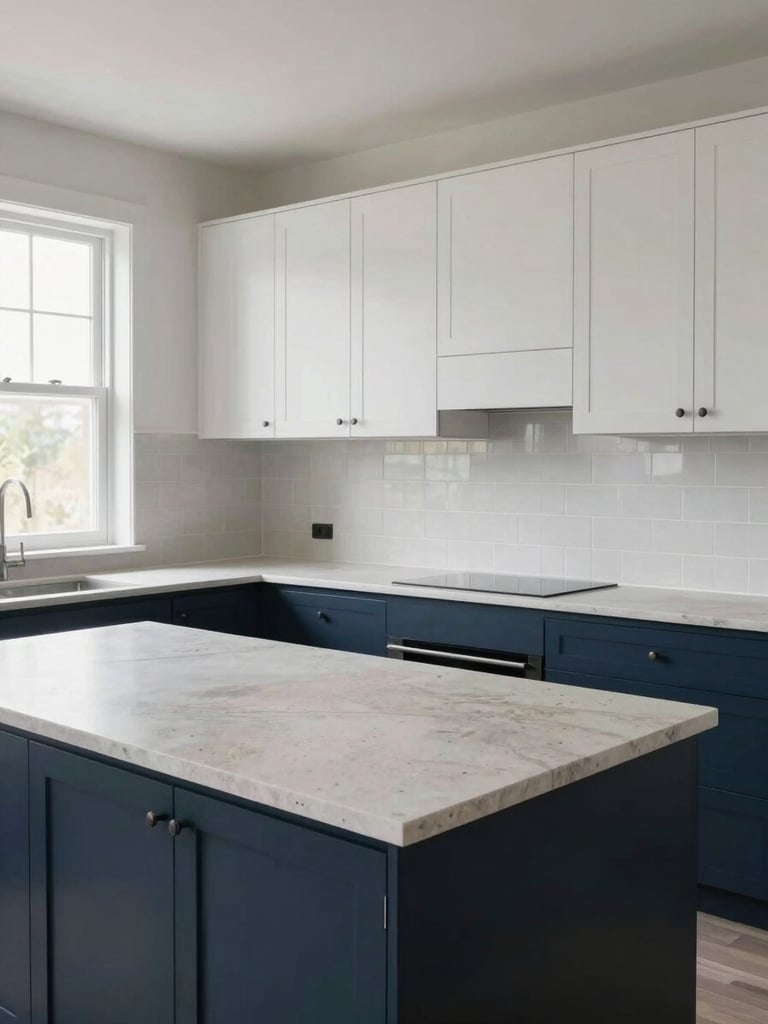 Environmental wide shot of a completed modern kitchen renovation, white upper cabinets with navy lower cabinets, stone countertop with visible texture, natural overcast daylight from a side window illuminating the counter surface evenly, no people, sharp grout lines on backsplash tile