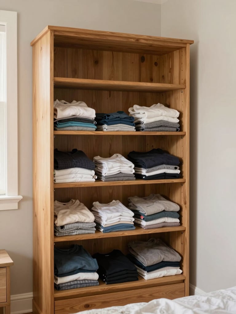 A newly installed custom wooden dressing room in a bright bedroom, warm oak shelves filled with folded clothes, soft natural light, lived-in authentic home.