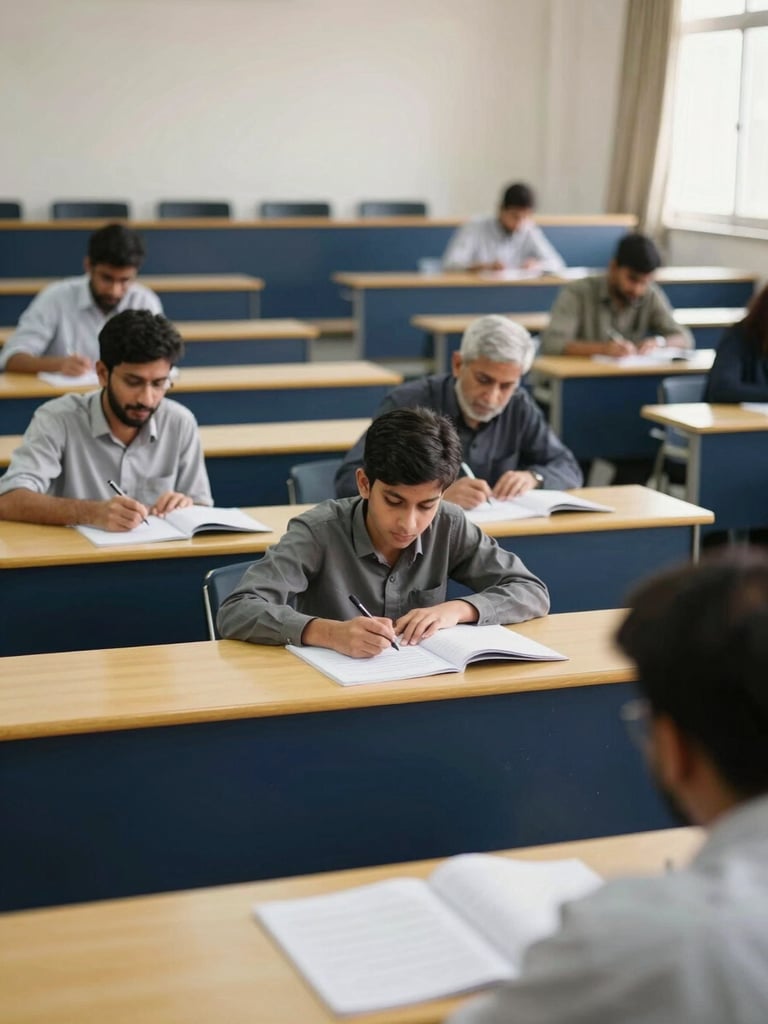 A clean lecture hall in Islamabad with teachers collaborating over structured curricula, bright natural daylight, 35mm lens