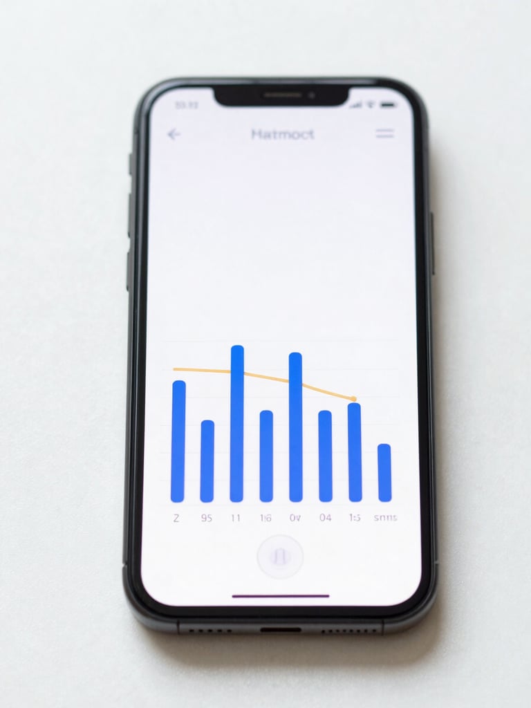 Minimalist smartphone showing a clean musical tuner interface with royal blue and gold accents, crisp white background, daylight reflection.