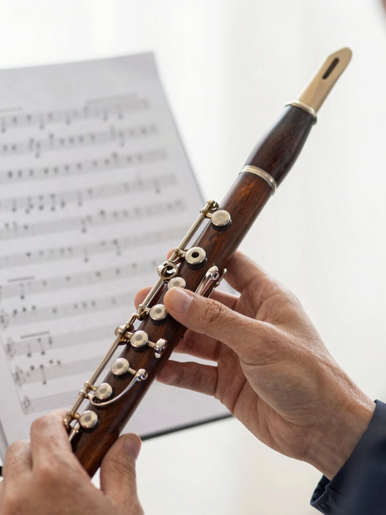 Hands of a musician holding a wooden clarinet, sheet music with pencil annotations in the background, soft morning light, shallow depth of field