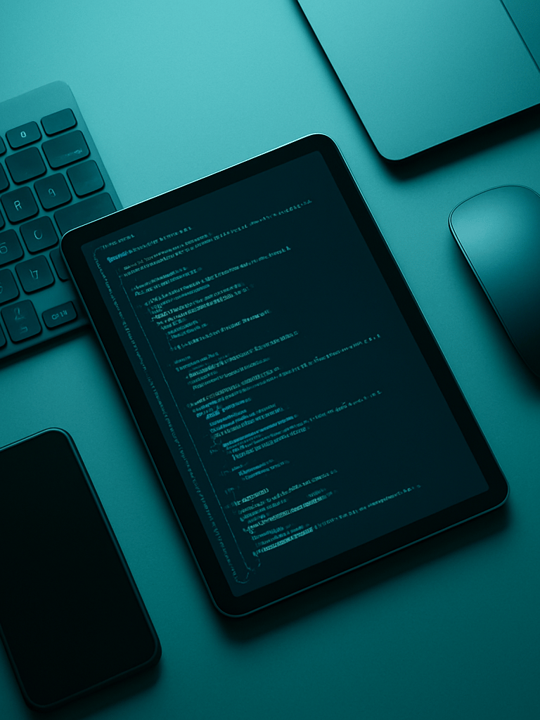 Overhead flat-lay of a minimalist desk setup with digital devices, a tablet displaying code snippets, cool diffused teal studio lighting.