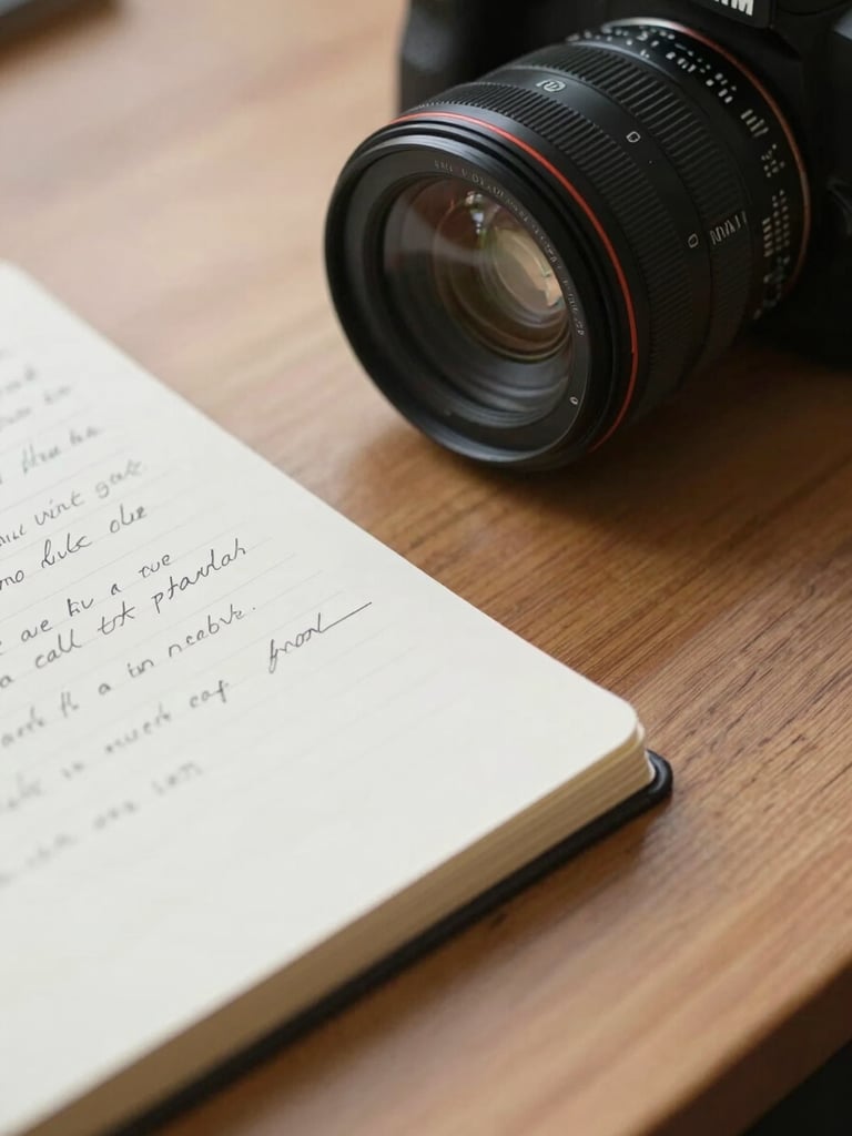 Close-up of a wooden desk surface under diffused north-facing daylight, a camera lens resting beside an open notebook with handwritten notes, soft shadows tracing the grain of the wood, editorial stillness
