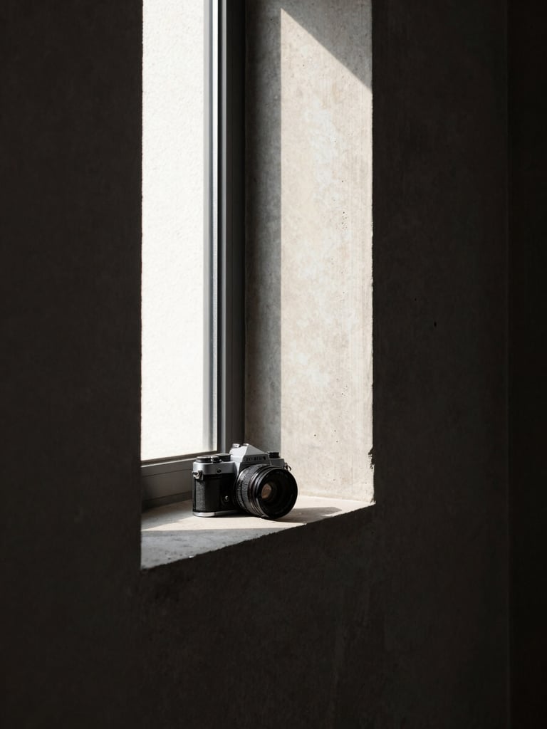 Narrow window frame casting a sharp rectangle of afternoon light across a concrete wall, a 35mm film camera placed at the edge of the light band, architectural precision, high contrast, no people